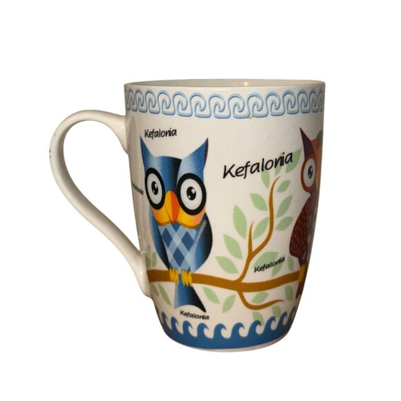 Colorful Owl Design Porcelain Mug Featuring Kefalonia Greece - Picture 2 of 5